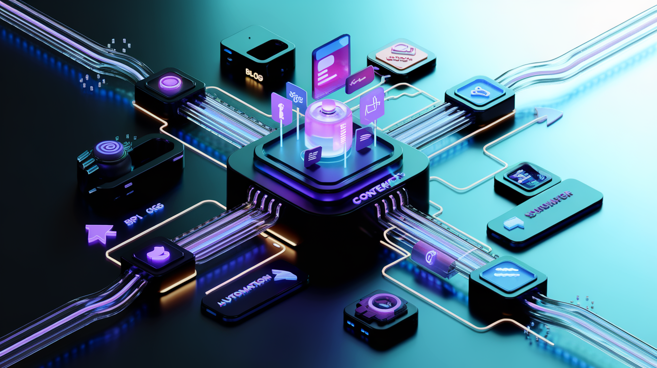 Visual representation of an automated content-to-client pipeline system with interconnected nodes, data flows, and distribution channels