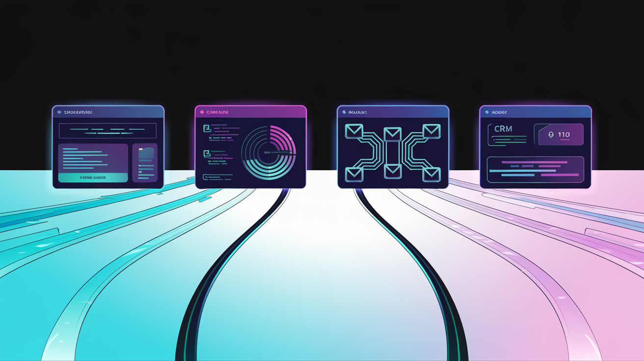 Four-stage AI lead generation pipeline system with interconnected automation nodes and data flows on dark background