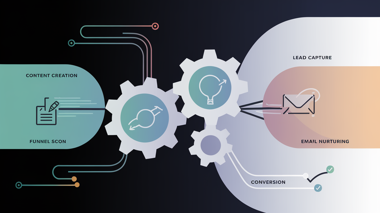 Abstract visualization of a four-stage marketing automation system with interconnected nodes and flowing data streams on a dark background