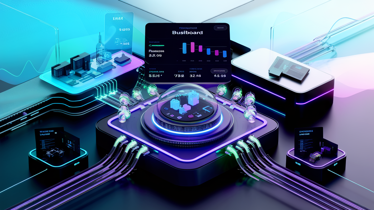Interconnected digital dashboard with glowing data flows, automation nodes, and AI intelligence networks visualizing a unified business operating system