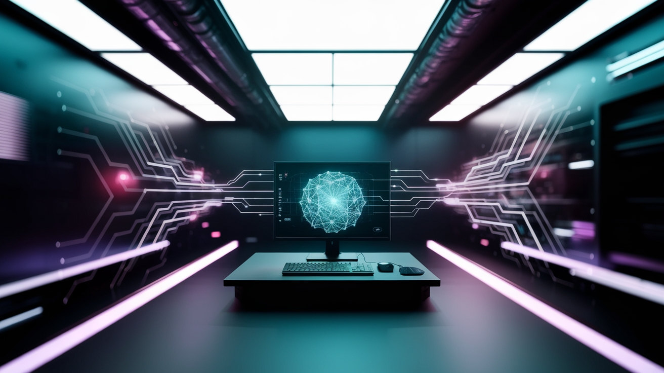 Abstract visualization representing the $150/month ai stack that replaces your first hire — dark theme with cyan and purple accents