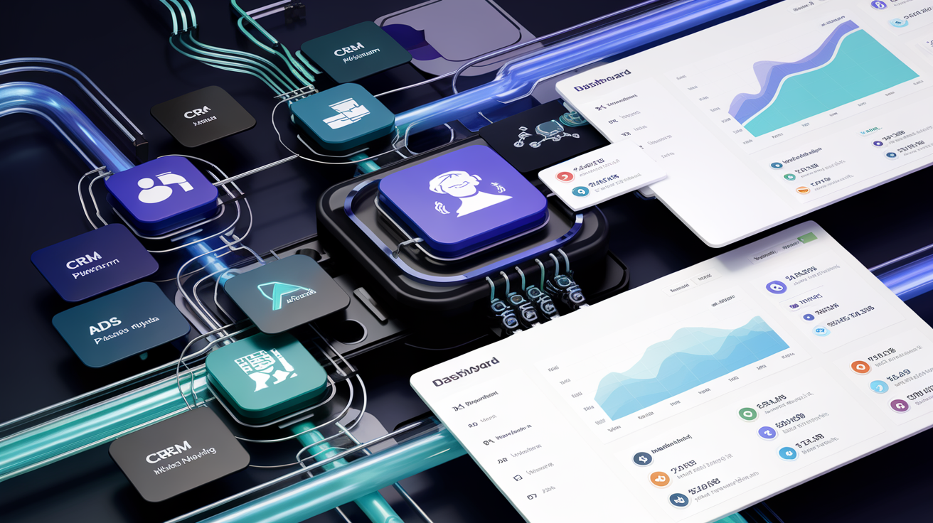 Automated data pipeline visualization showing multiple business tools integrating into a single live dashboard with real-time updates