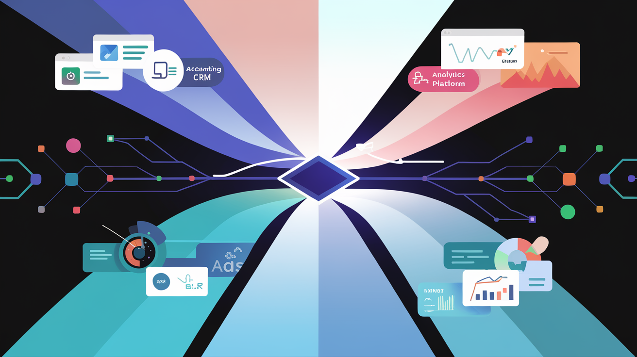 Abstract visualization of data consolidation showing multiple business tools converging into a unified dashboard on a dark background