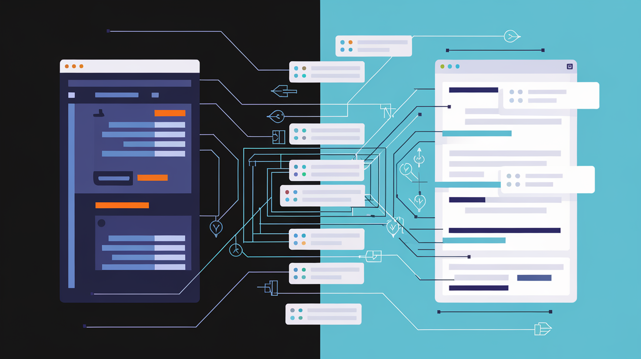 Abstract visual comparison of unified software (left, clean and organized) versus fragmented SaaS tools (right, complex and tangled with manual connections)