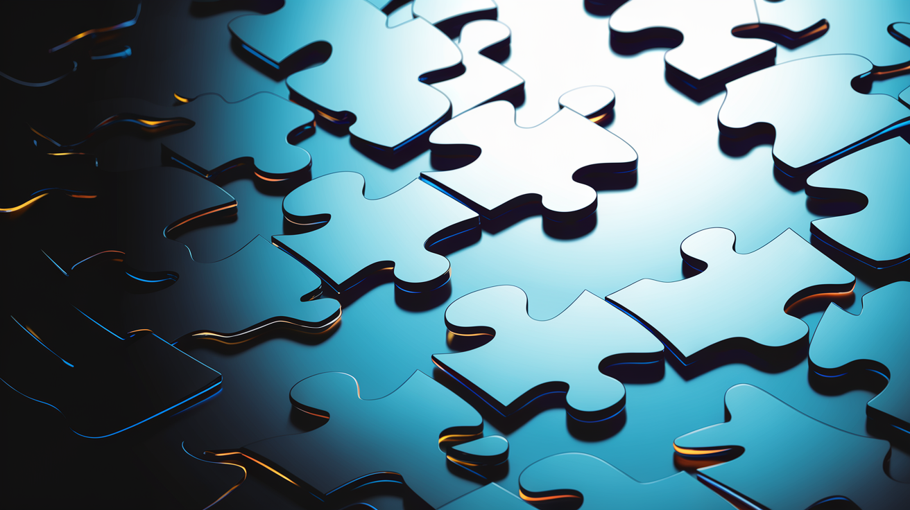 Abstract interconnected puzzle pieces and network nodes representing AI tool selection and system integration for businesses