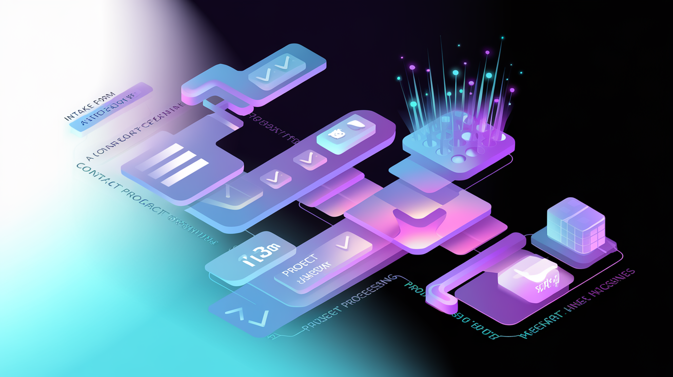 Automated workflow pipeline showing connected nodes for lead capture, contracts, payments, and project setup with glowing neon data flows