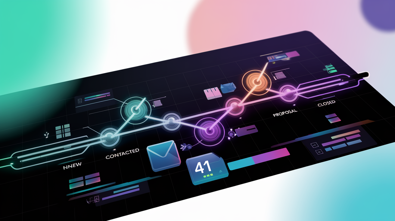 Digital automation pipeline dashboard with glowing workflow nodes showing lead progression stages connected by illuminated pathways on a dark tech background