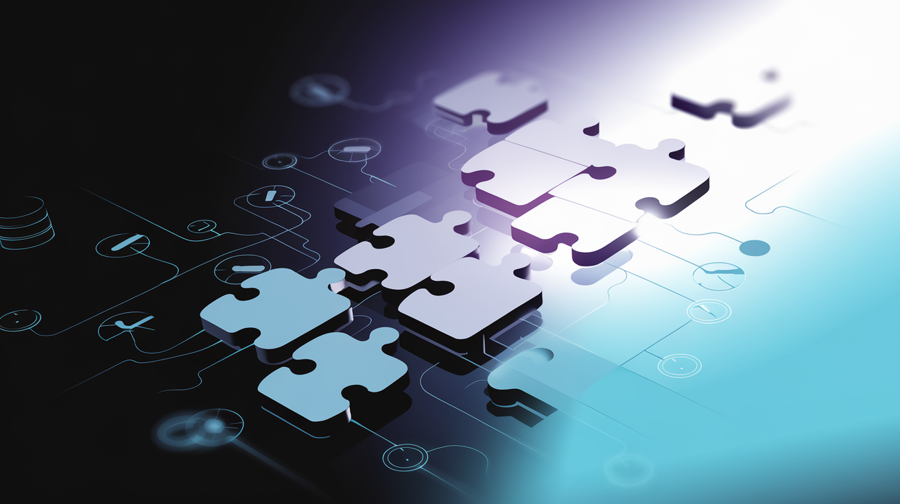 Abstract visualization of fragmented data pieces assembling into a connected structure, representing data foundation building