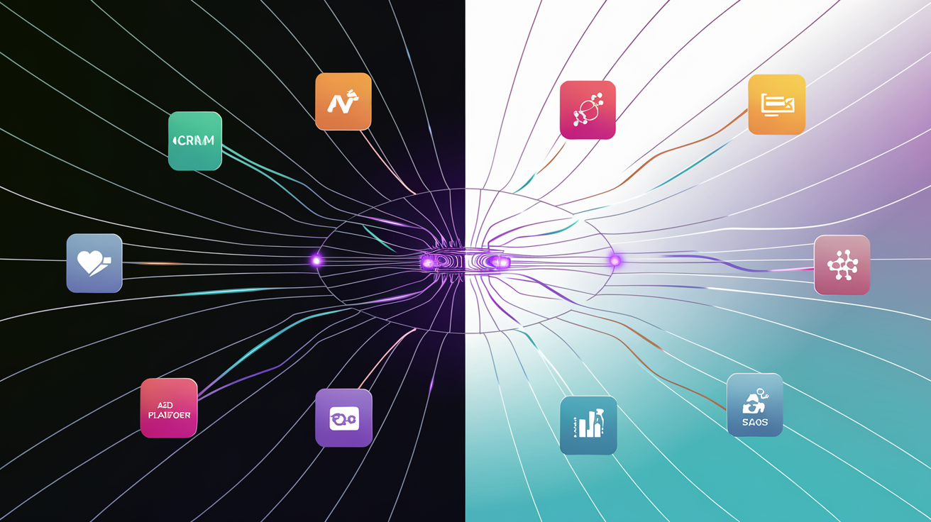 Abstract tech visualization showing fragmented data sources flowing into a unified central dashboard system