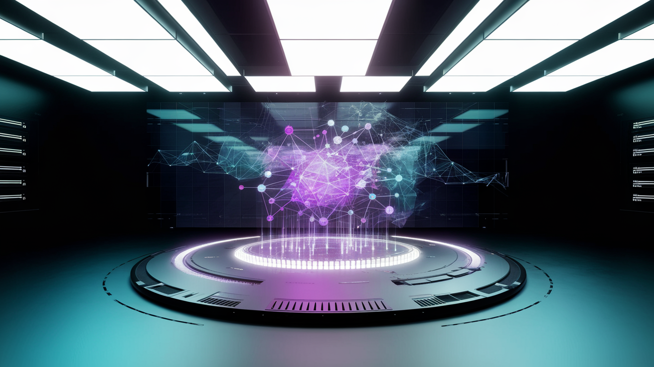 Dark tech workspace with holographic workflow automation nodes — purple and cyan accent lighting representing automation platform comparison